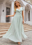 A-line V Neck Short Sleeve Long/Floor-Length Chiffon Bridesmaid Dresses With Sashes Ruffles Renata STIP0025352