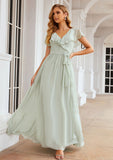 A-line V Neck Short Sleeve Long/Floor-Length Chiffon Bridesmaid Dresses With Sashes Ruffles Renata STIP0025352