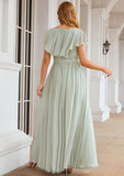 A-line V Neck Short Sleeve Long/Floor-Length Chiffon Bridesmaid Dresses With Sashes Ruffles Renata STIP0025352