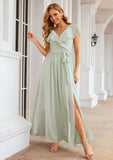 A-line V Neck Short Sleeve Long/Floor-Length Chiffon Bridesmaid Dresses With Sashes Ruffles Renata STIP0025352