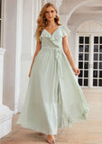 A-line V Neck Short Sleeve Long/Floor-Length Chiffon Bridesmaid Dresses With Sashes Ruffles Renata STIP0025352