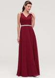 V Neck Sleeveless Chiffon A-line/Princess Long/Floor-Length Bridesmaid Dresseses With Waistband Beading Pleated Saniyah STIP0025355