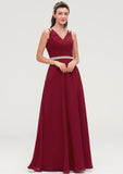 V Neck Sleeveless Chiffon A-line/Princess Long/Floor-Length Bridesmaid Dresseses With Waistband Beading Pleated Saniyah STIP0025355