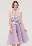 Bateau Sleeveless Organza Knee-Length A-line/Princess Bridesmaid Dresses With Sashes Lace Hallie STIP0025358