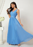 A-line V Neck Sleeveless Chiffon Long/Floor-Length Bridesmaid Dresses With Pleated Kenna STIP0025360