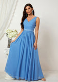 A-line V Neck Sleeveless Chiffon Long/Floor-Length Bridesmaid Dresses With Pleated Kenna STIP0025360