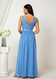 A-line V Neck Sleeveless Chiffon Long/Floor-Length Bridesmaid Dresses With Pleated Kenna STIP0025360