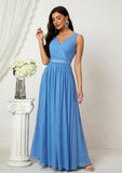 A-line V Neck Sleeveless Chiffon Long/Floor-Length Bridesmaid Dresses With Pleated Kenna STIP0025360