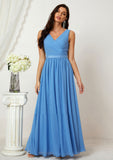 A-line V Neck Sleeveless Chiffon Long/Floor-Length Bridesmaid Dresses With Pleated Kenna STIP0025360