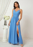 A-line V Neck Sleeveless Chiffon Long/Floor-Length Bridesmaid Dresses With Split Pleated Denise STIP0025362