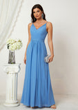 A-line V Neck Sleeveless Chiffon Long/Floor-Length Bridesmaid Dresses With Split Pleated Denise STIP0025362