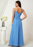 A-line V Neck Sleeveless Chiffon Long/Floor-Length Bridesmaid Dresses With Split Pleated Denise STIP0025362