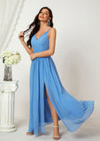 A-line V Neck Sleeveless Chiffon Long/Floor-Length Bridesmaid Dresses With Split Pleated Denise STIP0025362