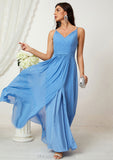 A-line V Neck Sleeveless Chiffon Long/Floor-Length Bridesmaid Dresses With Split Pleated Denise STIP0025362