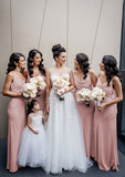 Sheath/Column Cowl Neck Spaghetti Straps Long/Floor-Length Satin Bridesmaid Dresses With Pleated Theresa STIP0025364