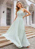 A-line Scalloped Neck Sleeveless Long/Floor-Length Chiffon Bridesmaid Dresses With Pleated Jasmin STIP0025366