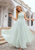 A-line Scalloped Neck Sleeveless Long/Floor-Length Chiffon Bridesmaid Dresses With Pleated Jasmin STIP0025366