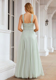 A-line Scalloped Neck Sleeveless Long/Floor-Length Chiffon Bridesmaid Dresses With Pleated Jasmin STIP0025366