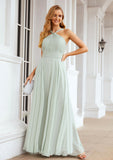 A-line Scalloped Neck Sleeveless Long/Floor-Length Chiffon Bridesmaid Dresses With Pleated Jasmin STIP0025366