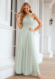 A-line Scalloped Neck Sleeveless Long/Floor-Length Chiffon Bridesmaid Dresses With Pleated Jasmin STIP0025366