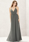 A-line V Neck Sleeveless Chiffon Long/Floor-Length Bridesmaid Dresses With Pleated Lace Hazel STIP0025367