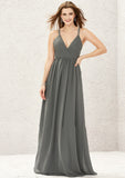 A-line V Neck Sleeveless Chiffon Long/Floor-Length Bridesmaid Dresses With Pleated Lace Hazel STIP0025367