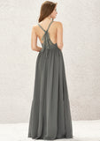 A-line V Neck Sleeveless Chiffon Long/Floor-Length Bridesmaid Dresses With Pleated Lace Hazel STIP0025367