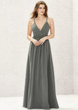 A-line V Neck Sleeveless Chiffon Long/Floor-Length Bridesmaid Dresses With Pleated Lace Hazel STIP0025367