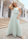 A-line One-Shoulder Sleeveless Long/Floor-Length Chiffon Bridesmaid Dresses With Shoulder Flower Tricia STIP0025369