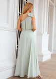 A-line One-Shoulder Sleeveless Long/Floor-Length Chiffon Bridesmaid Dresses With Shoulder Flower Tricia STIP0025369