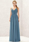 A-line V Neck Sleeveless Chiffon Long/Floor-Length Bridesmaid Dresses With Pleated Jessica STIP0025370