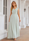 A-line V Neck Sleeveless Long/Floor-Length Chiffon Bridesmaid Dresses With Pleated Split Kaylin STIP0025372