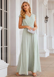 A-line V Neck Sleeveless Long/Floor-Length Chiffon Bridesmaid Dresses With Pleated Split Kaylin STIP0025372