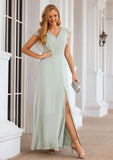 A-line V Neck Sleeveless Long/Floor-Length Chiffon Bridesmaid Dresses With Pleated Split Kaylin STIP0025372