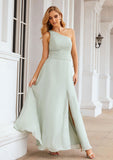 Sheath/Column One-Shoulder Sleeveless Long Chiffon Bridesmaid Dresseses With Pleated Waistband Split Shayna STIP0025373