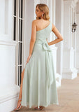 Sheath/Column One-Shoulder Sleeveless Long Chiffon Bridesmaid Dresseses With Pleated Waistband Split Shayna STIP0025373