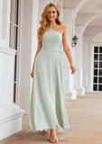 Sheath/Column One-Shoulder Sleeveless Long Chiffon Bridesmaid Dresseses With Pleated Waistband Split Shayna STIP0025373