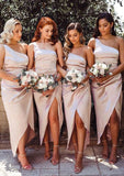 Sheath/Column One-Shoulder Regular Straps Asymmetrical Satin Bridesmaid Dresses With Pleated Split Kailee STIP0025374