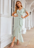 Sheath/Column V Neck Short Sleeve Asymmetrical Chiffon Bridesmaid Dresses With Ruffles Waistband Split Pancy STIP0025375