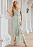 Sheath/Column V Neck Short Sleeve Asymmetrical Chiffon Bridesmaid Dresses With Ruffles Waistband Split Pancy STIP0025375