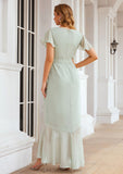 Sheath/Column V Neck Short Sleeve Asymmetrical Chiffon Bridesmaid Dresses With Ruffles Waistband Split Pancy STIP0025375