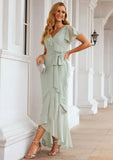 Sheath/Column V Neck Short Sleeve Asymmetrical Chiffon Bridesmaid Dresses With Ruffles Waistband Split Pancy STIP0025375