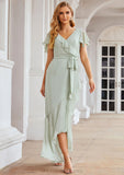 Sheath/Column V Neck Short Sleeve Asymmetrical Chiffon Bridesmaid Dresses With Ruffles Waistband Split Pancy STIP0025375