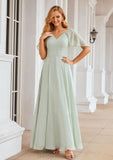 A-line V Neck Short Sleeve Long/Floor-Length Chiffon Bridesmaid Dresses Kaiya STIP0025376