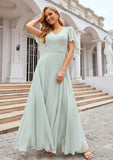 A-line V Neck Short Sleeve Long/Floor-Length Chiffon Bridesmaid Dresses Kaiya STIP0025376