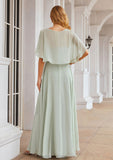 A-line V Neck Short Sleeve Long/Floor-Length Chiffon Bridesmaid Dresses Kaiya STIP0025376