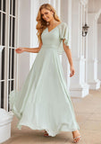 A-line V Neck Short Sleeve Long/Floor-Length Chiffon Bridesmaid Dresses Kaiya STIP0025376