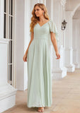 A-line V Neck Short Sleeve Long/Floor-Length Chiffon Bridesmaid Dresses Kaiya STIP0025376