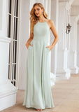 A-line Scoop Neck Sleeveless Long/Floor-Length Chiffon Bridesmaid Dresses With Pleated Pockets Campbell STIP0025378