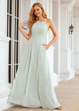 A-line Scoop Neck Sleeveless Long/Floor-Length Chiffon Bridesmaid Dresses With Pleated Pockets Campbell STIP0025378